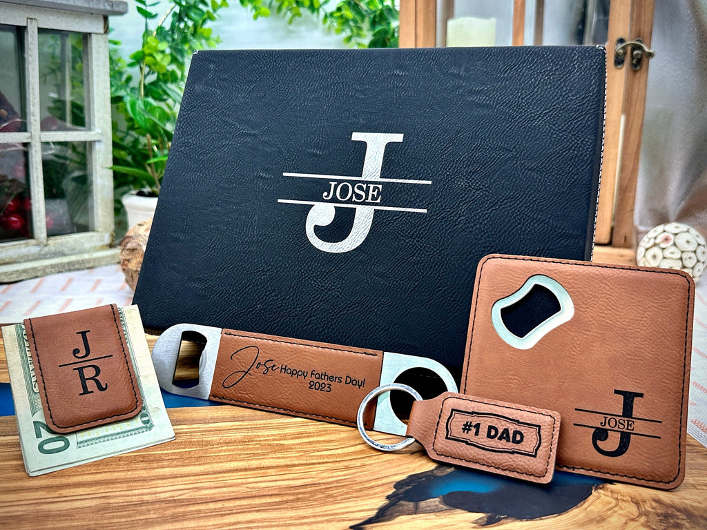 PERSONALIZED Gift for Dad -- Engraved Birthday Gift for Bonus Dad with Coaster, Bottle Opener, Money Clip, Keychain - Gift for Step Dad