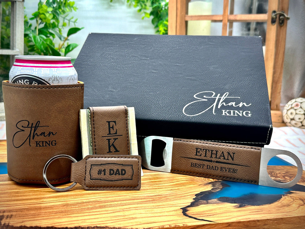 Personalized Gift Set for Dad's Birthday with Can Cooler, Money Clip, Bottle Opener, and Keychain