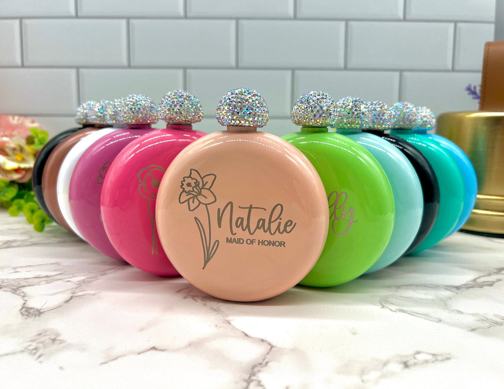 Personalized Round Flasks with Birth Flower for Bridesmaid Gifts, Bridesmaid Proposal, Wedding Party Favors, Flask for Women
