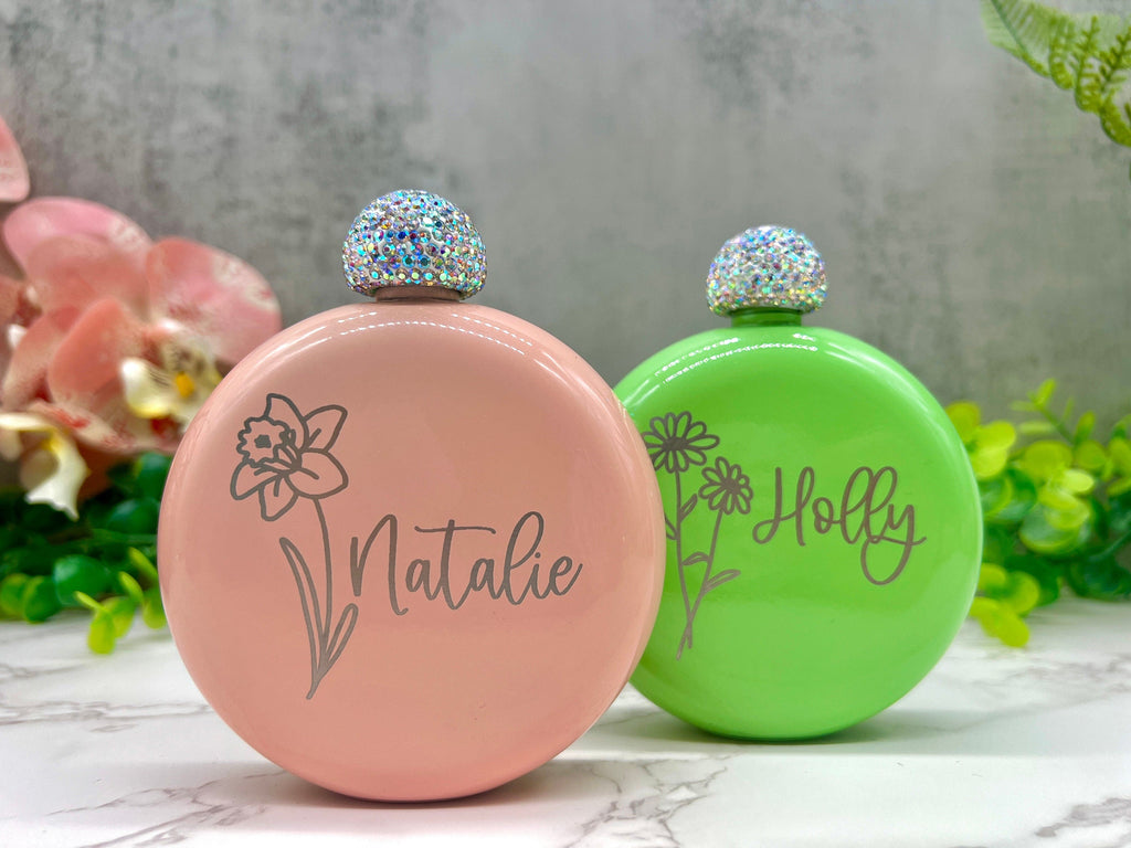 Personalized Round Flasks with Birth Flower, Women's Flask, Gift for Bridesmaid Proposal, Flask, Bridal Party Gift