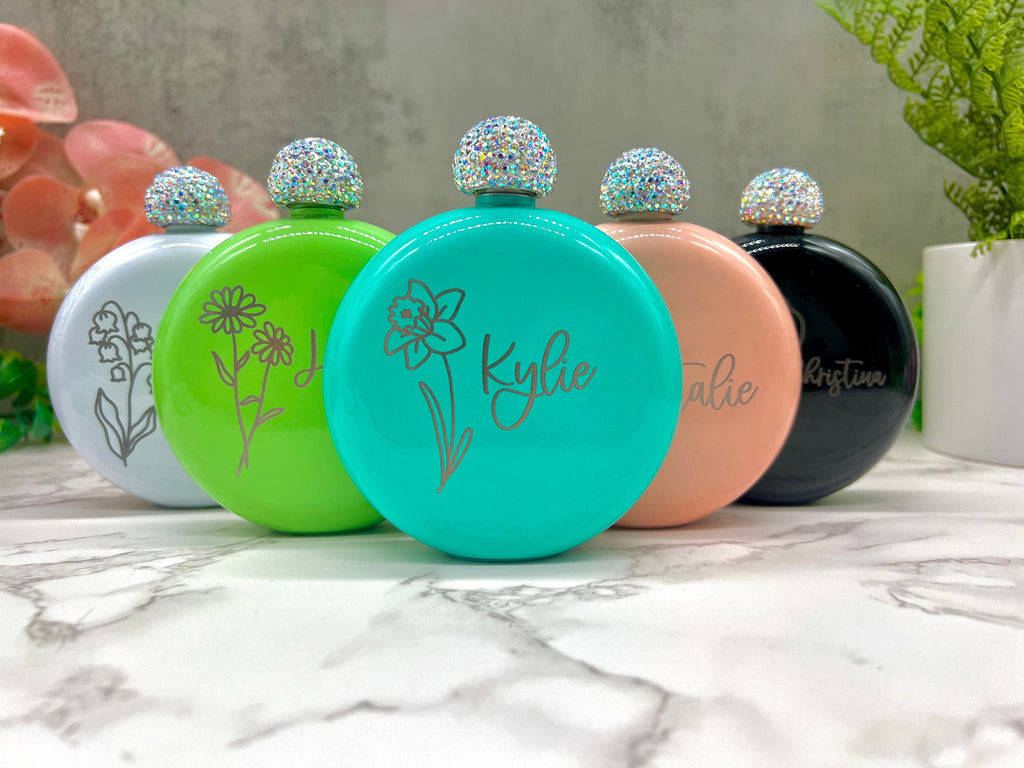 Personalized Round Flasks with Birth Flower, Women's Flask, Gift for Bridesmaid Proposal, Flask, Bridal Party Gift