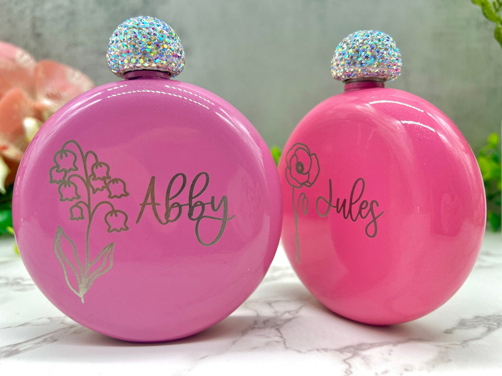 Personalized Round Flasks with Birth Flower, Women's Flask, Gift for Bridesmaid Proposal, Flask, Bridal Party Gift