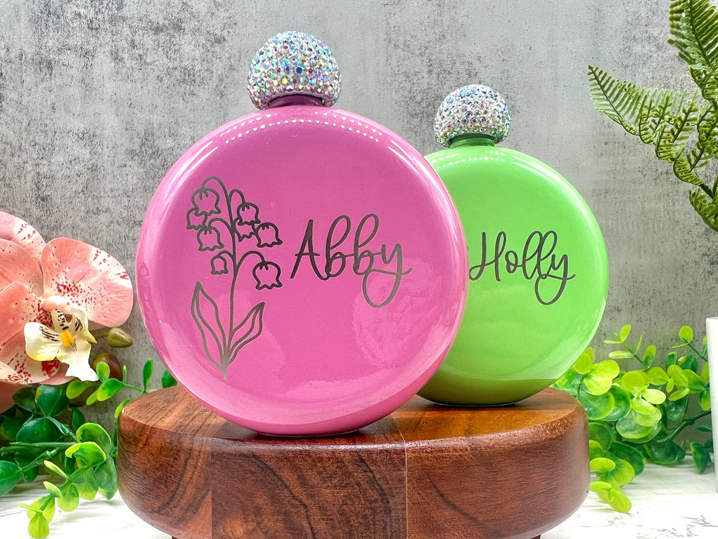 Personalized Round Flasks with Birth Flower, Women's Flask, Gift for Bridesmaid Proposal, Flask, Bridal Party Gift