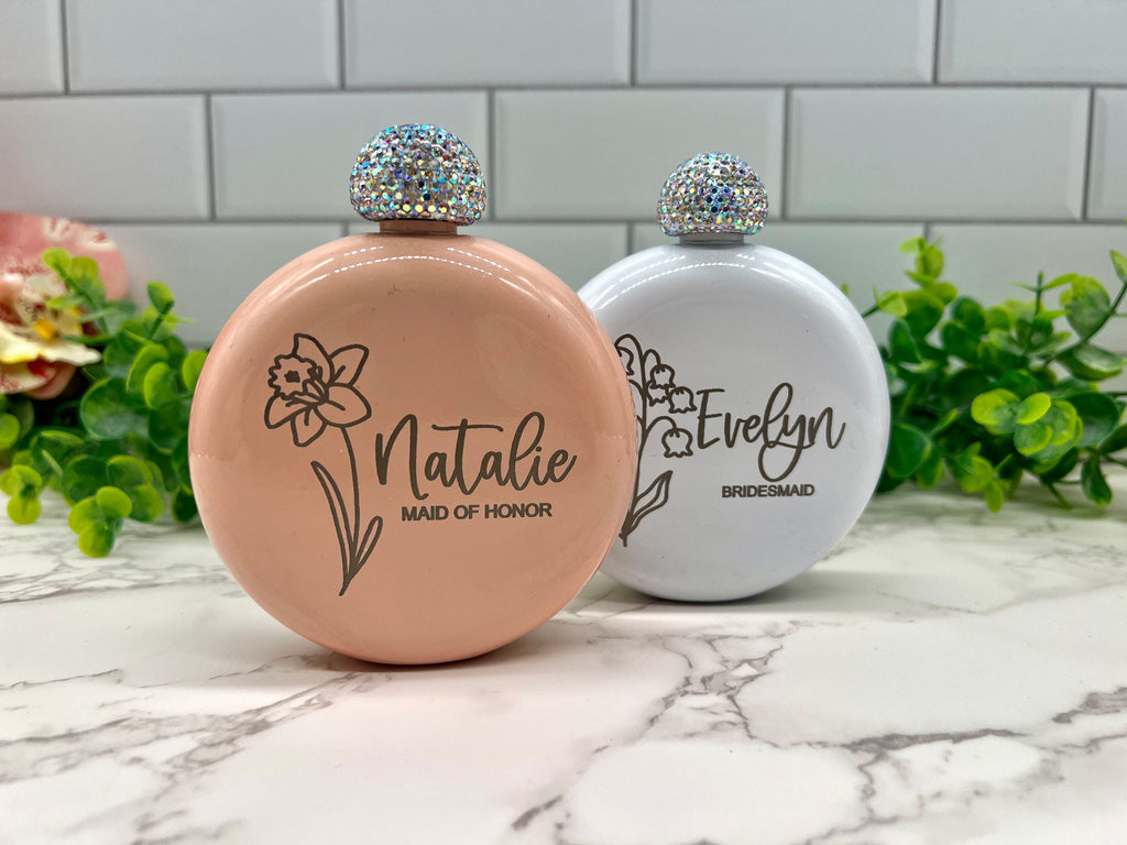 Personalized Round Flasks with Birth Flower for Bridesmaid Gifts, Bridesmaid Proposal, Wedding Party Favors, Flask for Women