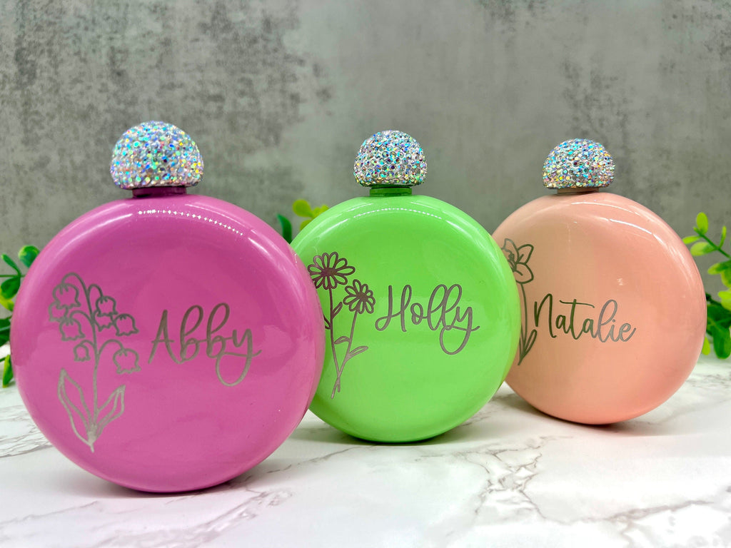 Personalized Round Flasks with Birth Flower, Women's Flask, Gift for Bridesmaid Proposal, Flask, Bridal Party Gift