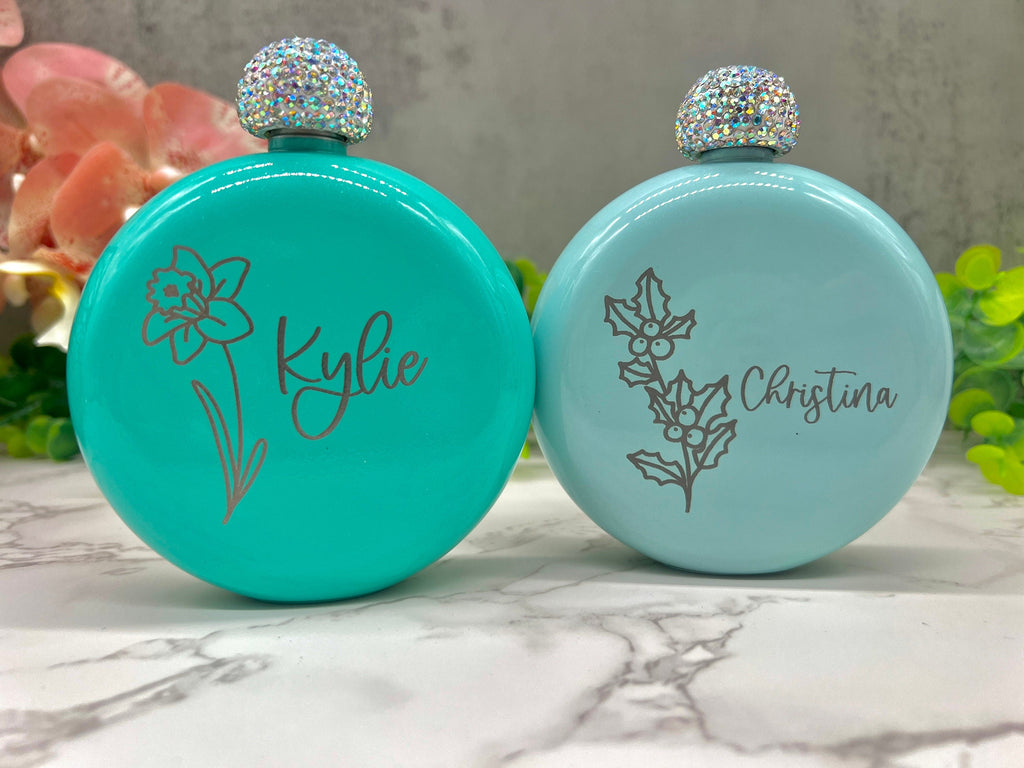 Personalized Round Flasks with Birth Flower, Women's Flask, Gift for Bridesmaid Proposal, Flask, Bridal Party Gift