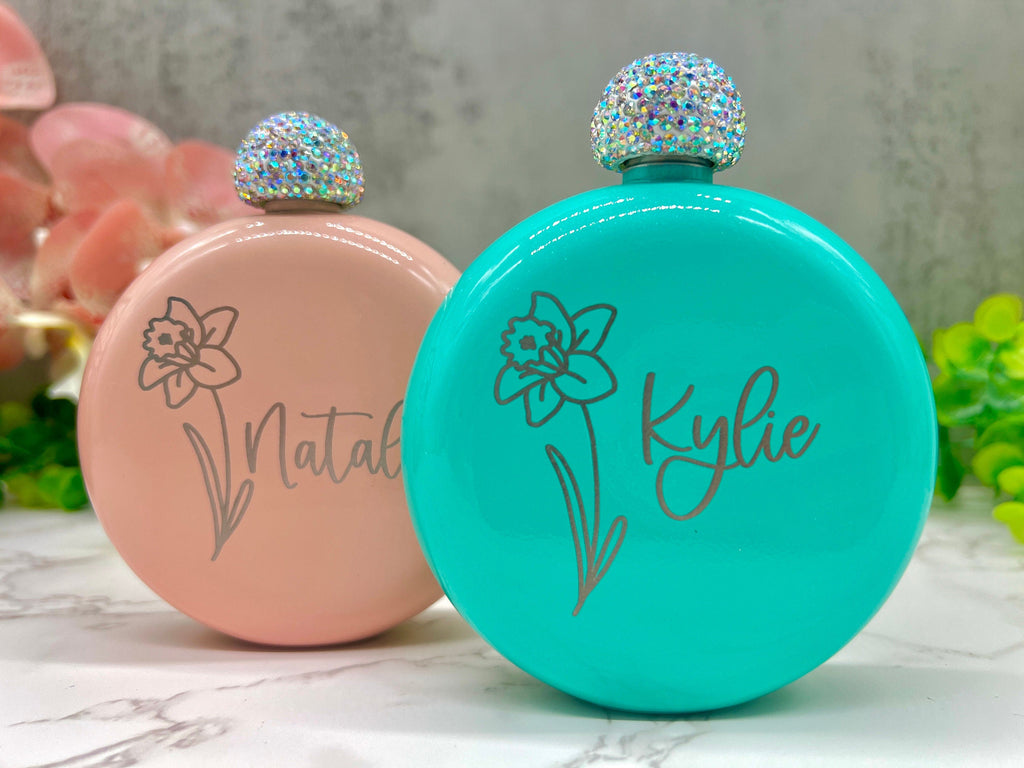 Personalized Round Flasks with Birth Flower, Women's Flask, Gift for Bridesmaid Proposal, Flask, Bridal Party Gift